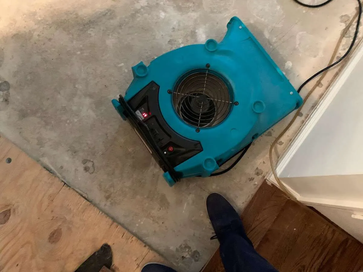 Air mover drying subfloor during Commercial Water Damage Restoration in Midland